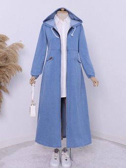 Yan Cepli Kolu Lastikli Kapüşonlu Kot Mavi Kap