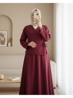 Yandan Bağlamalı Etekli Keten Bordo Takım