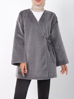 Yandan Bağlamalı Kürklü Füme Ceket