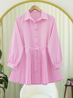 Yarım Düğmeli Beli Bağlamalı Piliseli Pudra Gömlek