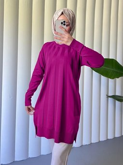 Yırtmaçlı Yelpaze Desenli Triko Fuşya Tunik