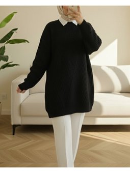 Yürütme Örgü Baklava Desenli Triko Siyah Tunik