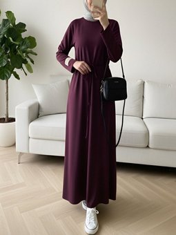 Yuvarlak Yaka Beli Bağlamalı Oysho Mürdüm Elbise