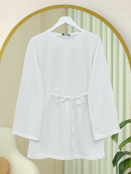 Yuvarlak Yaka Beli Bağlamalı Penye Beyaz Tunik
