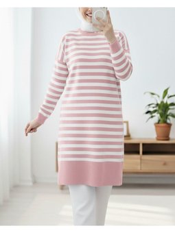 Yuvarlak Yaka Salaş Triko Pudra Tunik