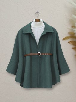 Zümrüt Yeşili Omuzu Düğmeli Beli Kemerli Kaşe Panço