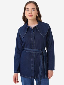 Açık Lacivert Denim Bebe Yaka Kemerli Ceket