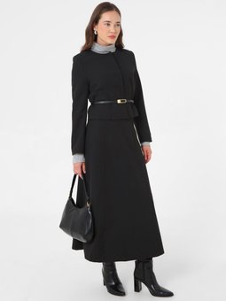 Beli Kemer Detaylı Etek Ceket İkili Siyah Takım