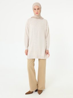 Bisiklet Yaka Yırtmaçlı Triko Krem Tunik