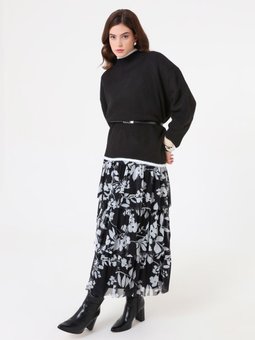 Çiçek Desenli Katmanlı Beli Lastikli Beyaz Etek Siyah