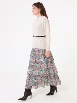 Çiçek Desenli Katmanlı Beli Lastikli Cok Renkli Etek