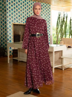 Çiçekli Kuşaklı Balon Kol Şifon Bordo Elbise Krem