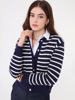 Çizgili Gold Düğme Detaylı Triko Lacivert Hırka