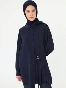 Lacivert Pile Ve Bağlama Detaylı Gömlek Yaka Önü Patlı Tunik