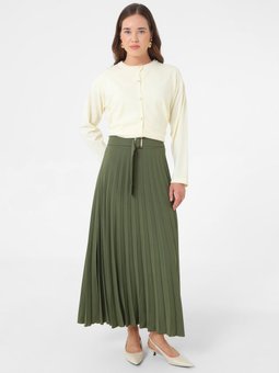 Piliseli Kemik Toka Detaylı Uzun Haki Etek