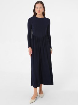 Sandy Kumaşlı Beli Korse Detaylı Lacivert Elbise