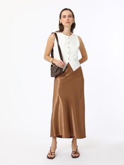 Saten Kumaşlı A Kesim Açık Kahve Etek