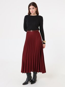 Yüksek Bel Piliseli Uzun Koyu Kızıl Etek