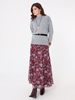 Yüksek Bel Yandan Fermuarlı Baskılı Şifon Bordo Gri Çiçekli Etek