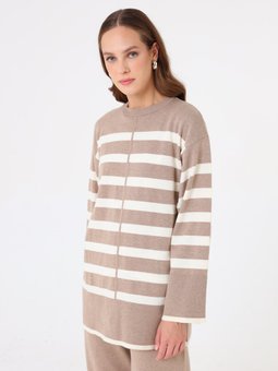 Yumuşak Tuşeli Çizgili Tunik & Pantolon Triko Vizon Takım