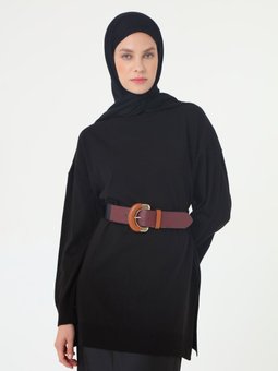 Yuvarlak Yaka Düşük Omuzlu Triko Siyah Tunik