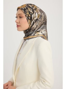 Çiçek Kozmosu Gri Aurora Desenli Janjan 90x90 Cm Eşarp