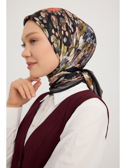 Çiçek Kozmosu Siyah Aurora Desenli Janjan 90x90 Cm Eşarp