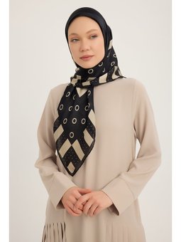 Ritmik Geometri Siyah Aurora Desenli Janjan 90x90 Cm Eşarp