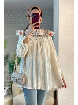 Krem Etamin Nakışlı Tunik