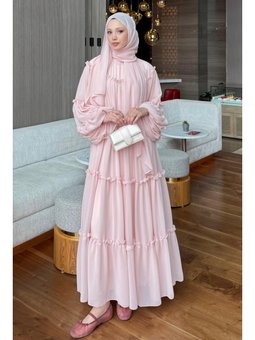 Şifon Fırfırlı Pembe Elbise
