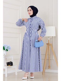 Çizgili Cepli Lacivert Elbise