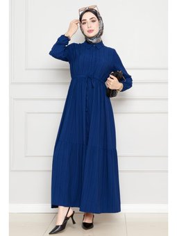 Yaka Beli Tünelli Sare Lacivert Gömlek Elbise