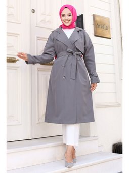 Arkası Düğme Detaylı Kruvaze Yaka Gri Trençkot