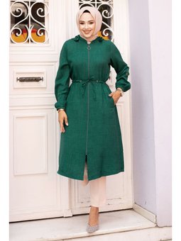 Beli İp Büzgülü Kapüşonlu Zümrüt Kap Yeşili