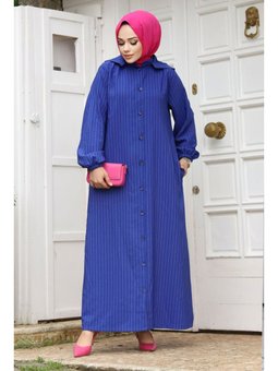Büyük Beden Çıkarılabilir Kapüşonlu Boydan Düğmeli Ferace Saks Kap Mavisi