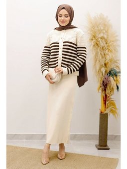 Çizgili Delikli Örgü Kahverengi Hırka