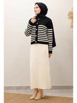 Çizgili Delikli Örgü Siyah Hırka