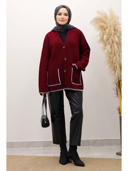 Çoban Dikişli Cepli Triko Bordo Hırka