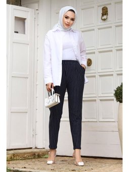 Double Paça Çizgili Havuç Lacivert Pantolon