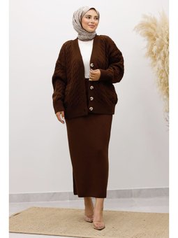 Düğmeli Cepli Triko Acı Kahve Hırka