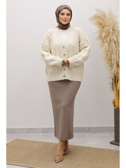 Düğmeli Cepli Triko Bej Hırka