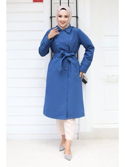 Düğmeli Kol Ucu Apolet Detaylı İndigo Trençkot