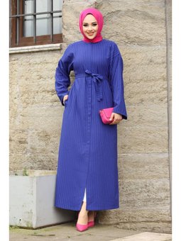 Gizli Fermuarlı Çizgili Kuşaklı Saks Ferace Mavisi