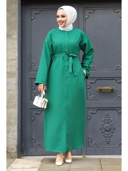 Gizli Fermuarlı Çizgili Kuşaklı Yeşil Ferace