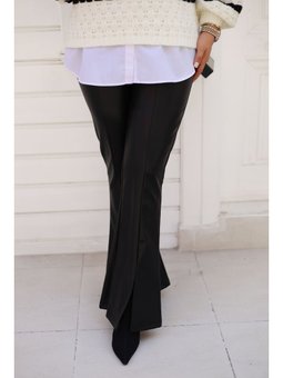 İspanyol Paça Önü Yırtmaçlı Deri Siyah Pantolon