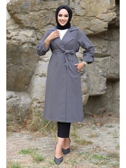 Katlama Kol Detaylı Gri Trençkot