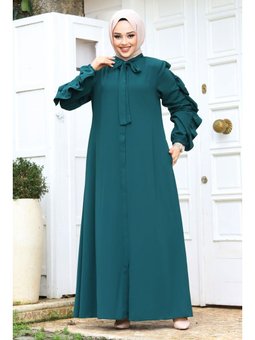 Kolu Fırfırlı Yakası Bağlama Detaylı Petrol Ferace