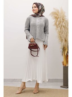 Nakışlı Delikli Triko Gri Hırka