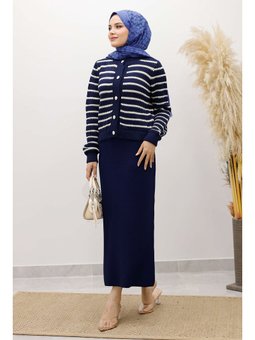Şeritli Triko Lacivert Hırka