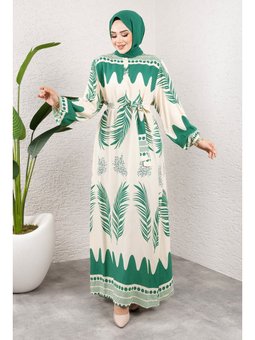 Su Yolu Etnik Desenli Viskon Yeşil Elbise